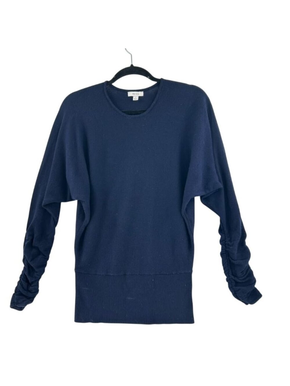 Reiss Sweater Women's Small Blue Wool & Cashmere Blend Batwing Ruched Sleeve